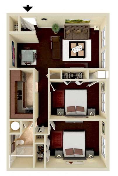 Floor plan for 2 beds, 1 bath, 730 sqft